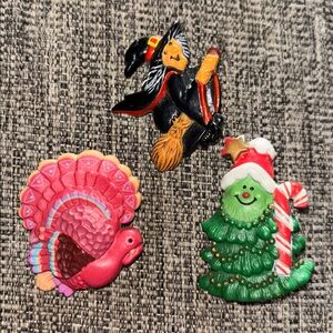 3 Hallmark Cards Brooch Set Thanksgiving Christmas Tree and Halloween Witch